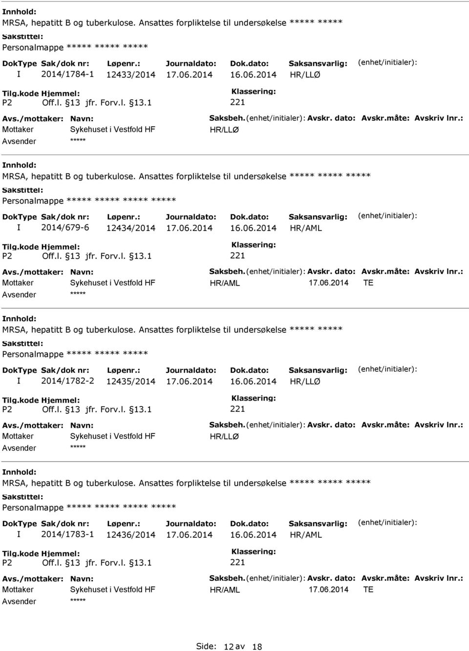 2014 TE nnhold: MRSA, hepatitt B og tuberkulose. Ansattes forpliktelse til undersøkelse ***** ***** 2014/1782-2 12435/2014 16.06.