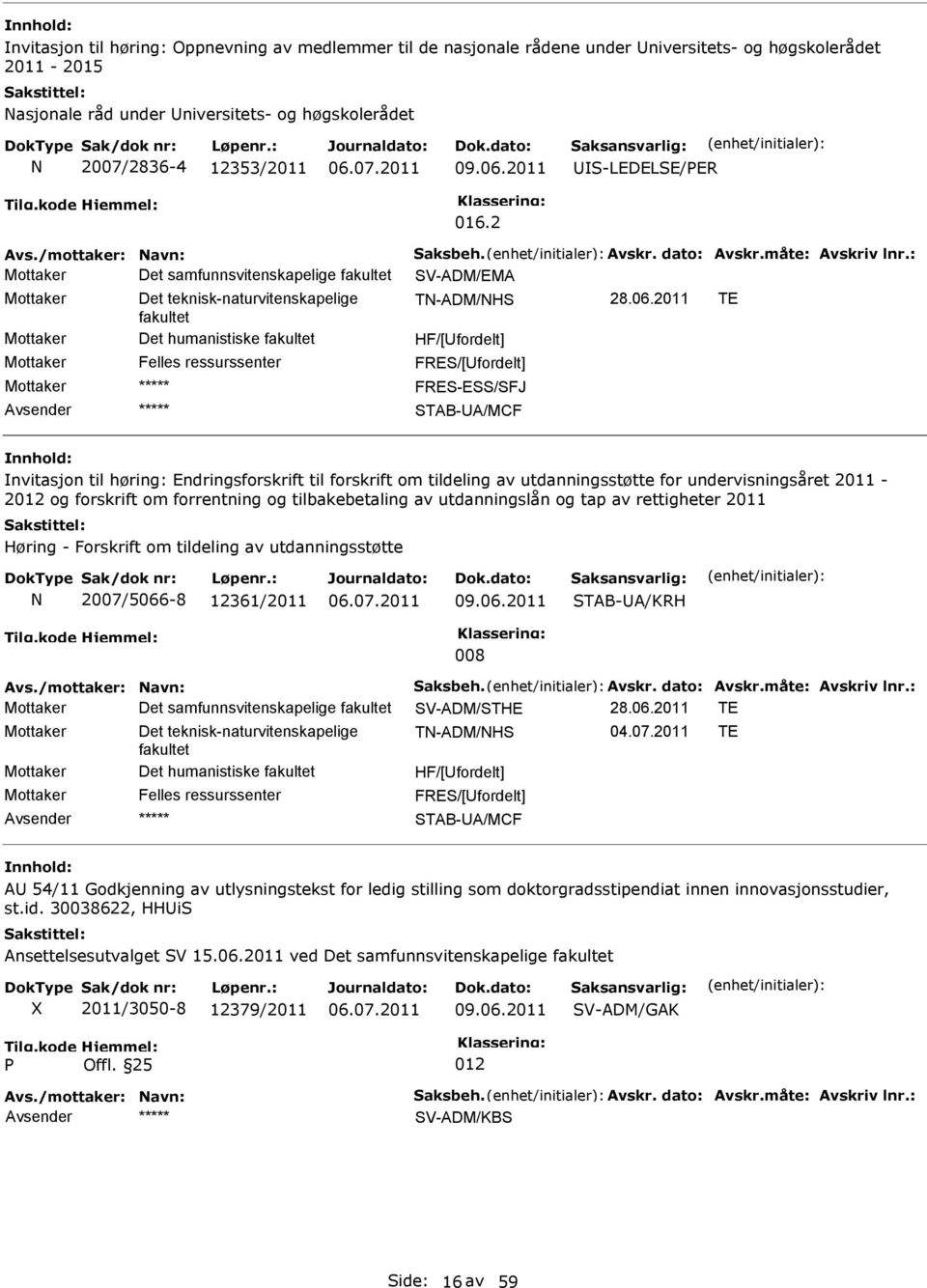 2011 TE fakultet Mottaker Det humanistiske fakultet HF/[fordelt] Mottaker Felles ressurssenter FRE/[fordelt] FRE-E/FJ TAB-A/MCF nvitasjon til høring: Endringsforskrift til forskrift om tildeling av