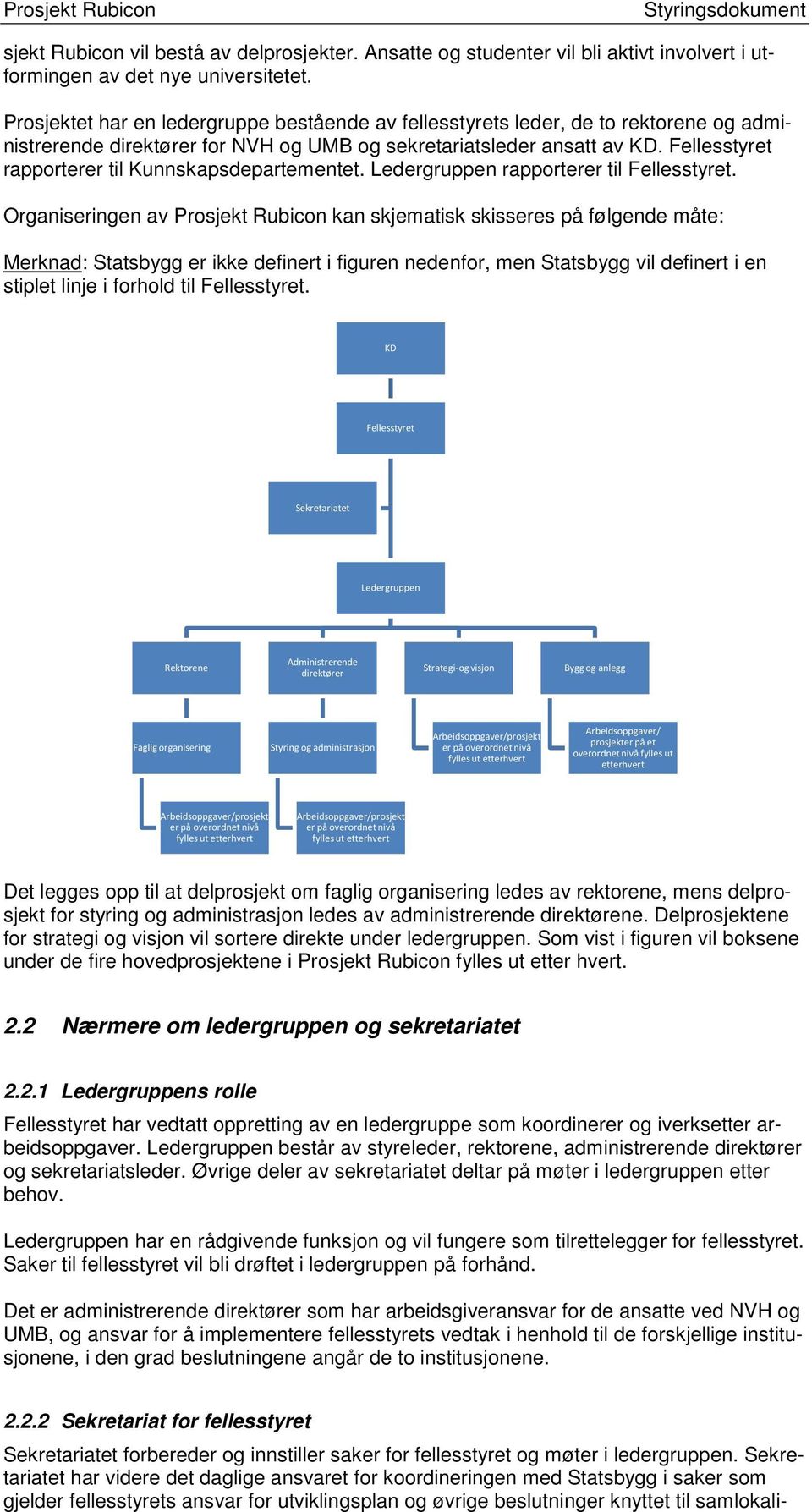 Fellesstyret rapporterer til Kunnskapsdepartementet. Ledergruppen rapporterer til Fellesstyret.