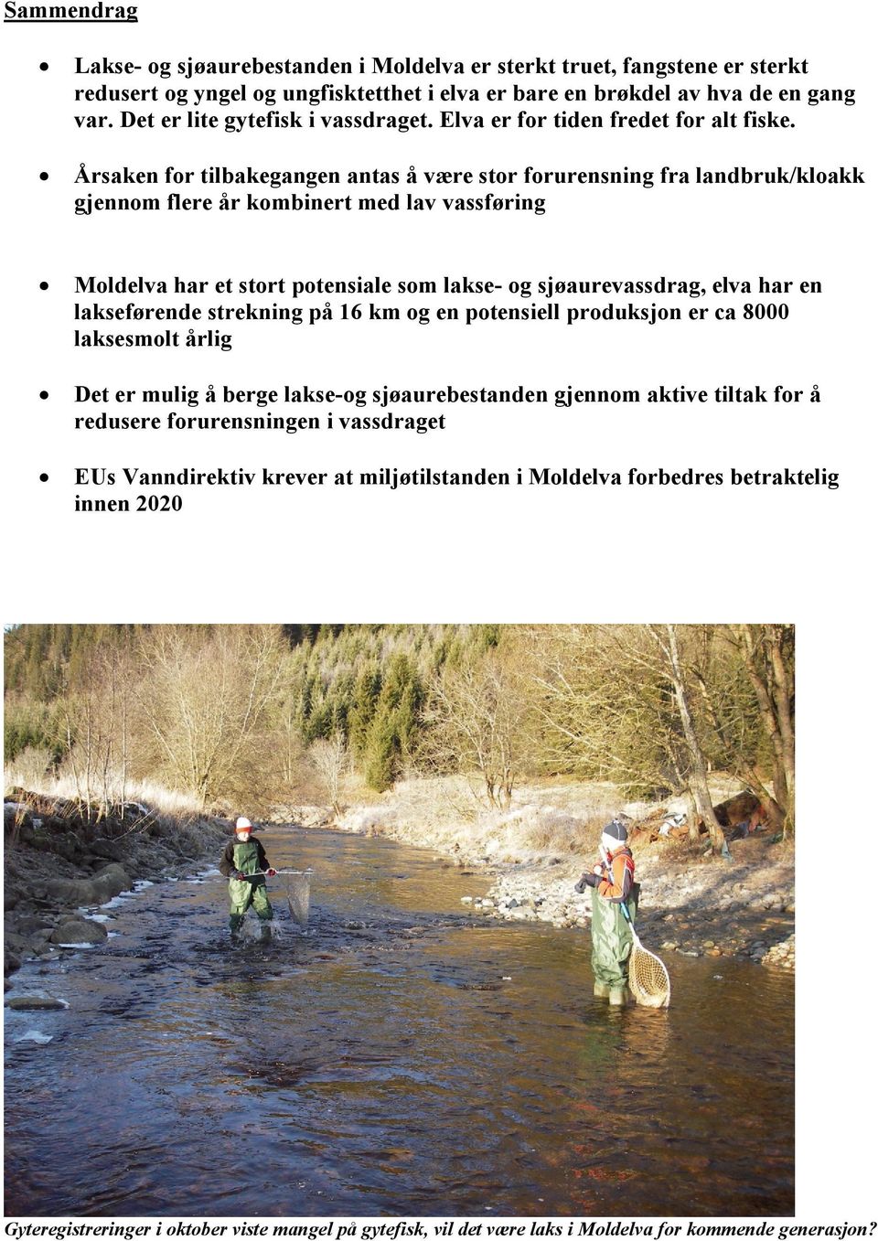 Årsaken for tilbakegangen antas å være stor forurensning fra landbruk/kloakk gjennom flere år kombinert med lav vassføring Moldelva har et stort potensiale som lakse- og sjøaurevassdrag, elva har en