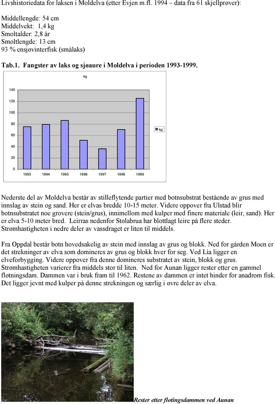 kg 140 120 100 80 60 kg 40 20 0 1993 1994 1995 1996 1997 1998 1999 Nederste del av Moldelva består av stilleflytende partier med botnsubstrat bestående av grus med innslag av stein og sand.