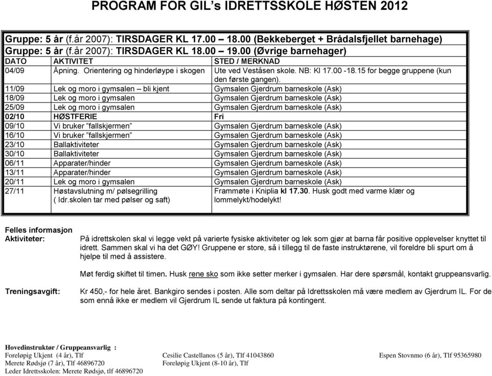 11/09 Lek og moro i gymsalen bli kjent Gymsalen Gjerdrum barneskole (Ask) 18/09 Lek og moro i gymsalen Gymsalen Gjerdrum barneskole (Ask) 25/09 Lek og moro i gymsalen Gymsalen Gjerdrum barneskole