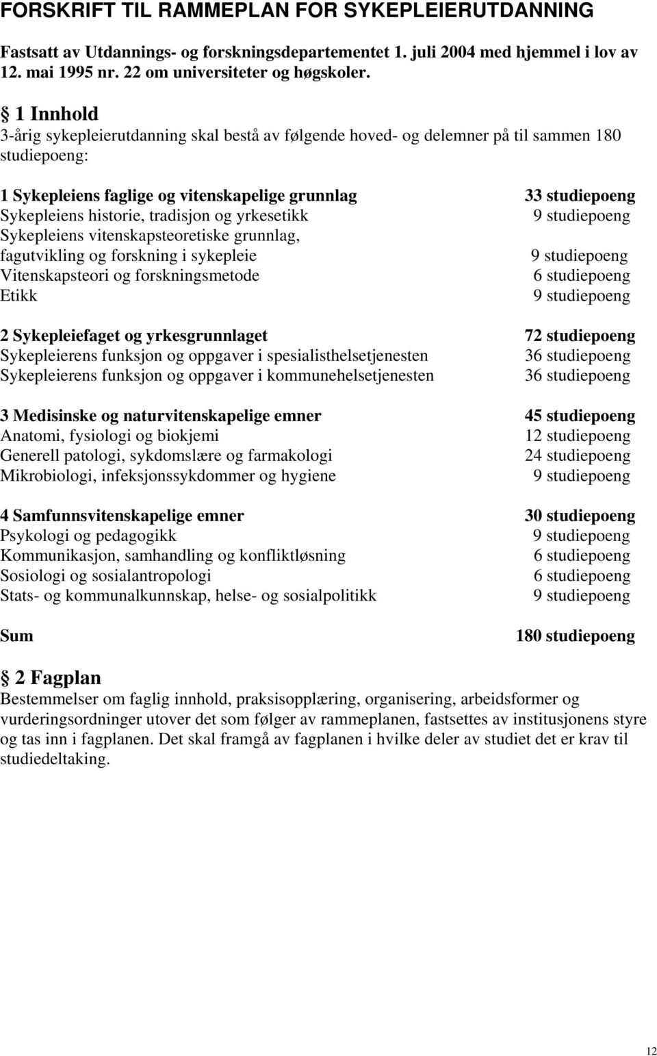 tradisjon og yrkesetikk Sykepleiens vitenskapsteoretiske grunnlag, fagutvikling og forskning i sykepleie Vitenskapsteori og forskningsmetode Etikk 2 Sykepleiefaget og yrkesgrunnlaget 72 studiepoeng