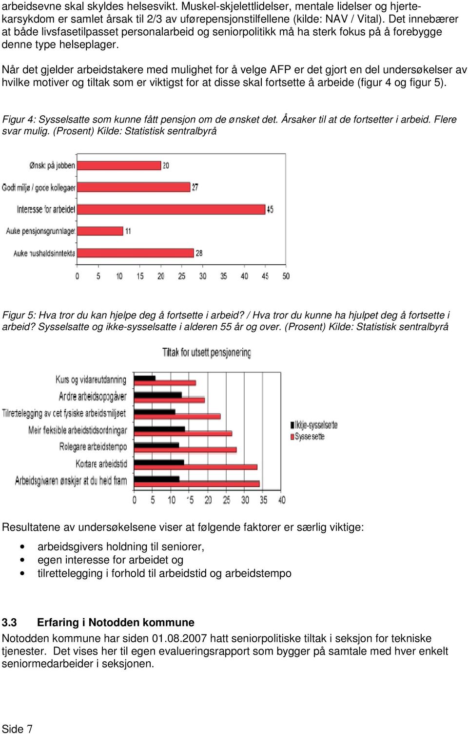 Når det gjelder arbeidstakere med mulighet for å velge AFP er det gjort en del undersøkelser av hvilke motiver og tiltak som er viktigst for at disse skal fortsette å arbeide (figur 4 og figur 5).