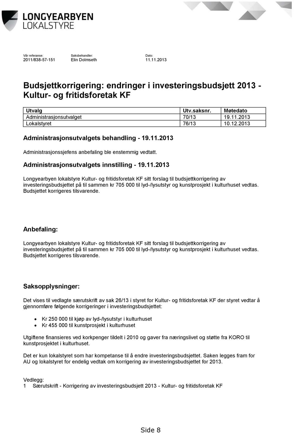 Administrasjonsutvalgets innstilling - 19.11.