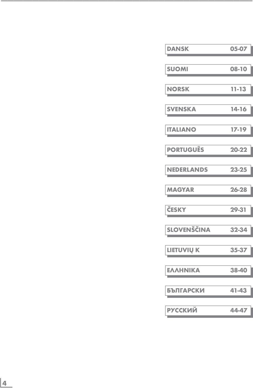 MAGYAR 26-28 ČESKY 29-31 SLOVENŠČINA 32-34