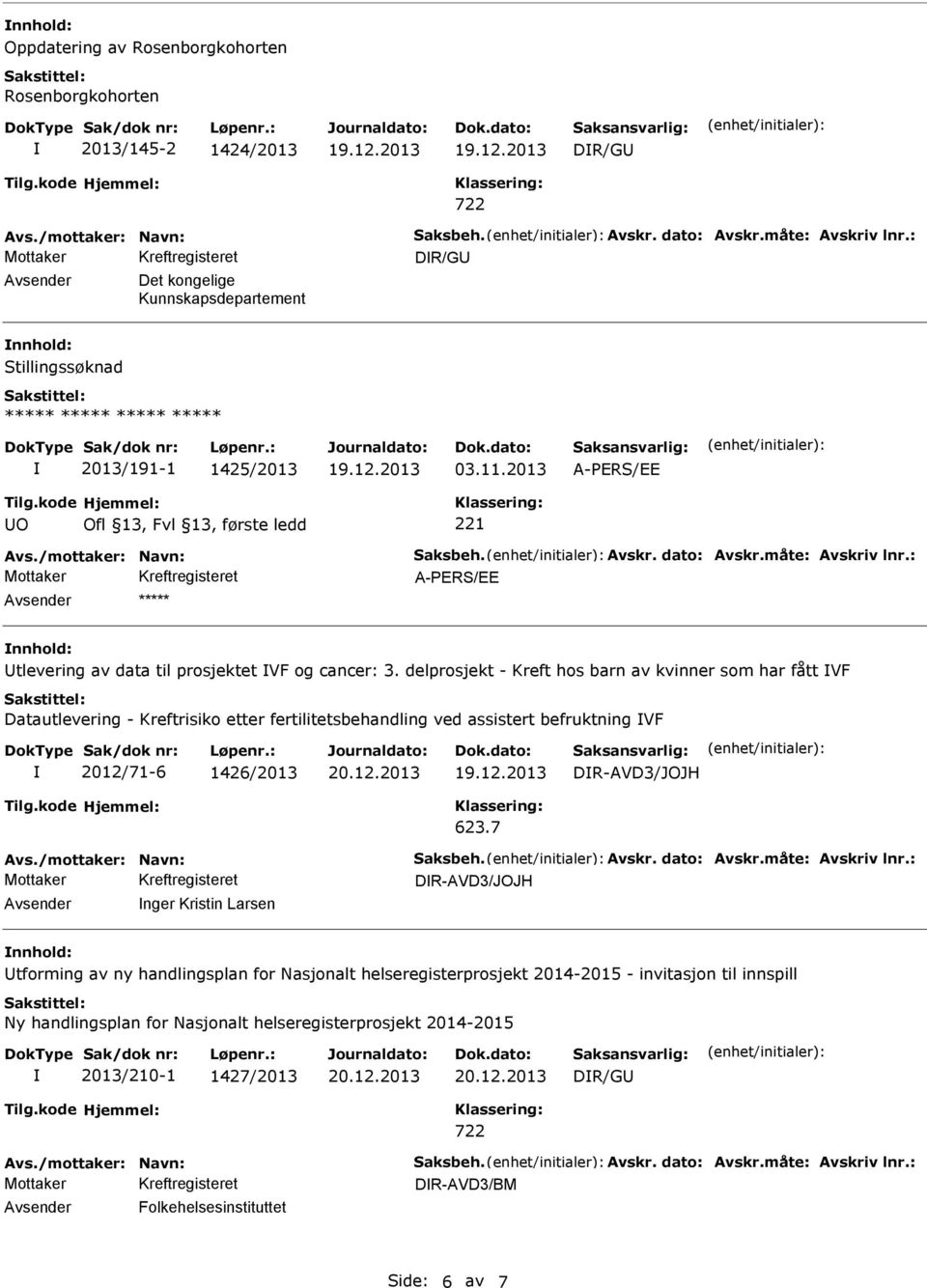 delprosjekt - Kreft hos barn av kvinner som har fått VF Datautlevering - Kreftrisiko etter fertilitetsbehandling ved assistert befruktning VF 2012/71-6 1426/2013 20.12.2013 DR-AVD3/JOJH 623.