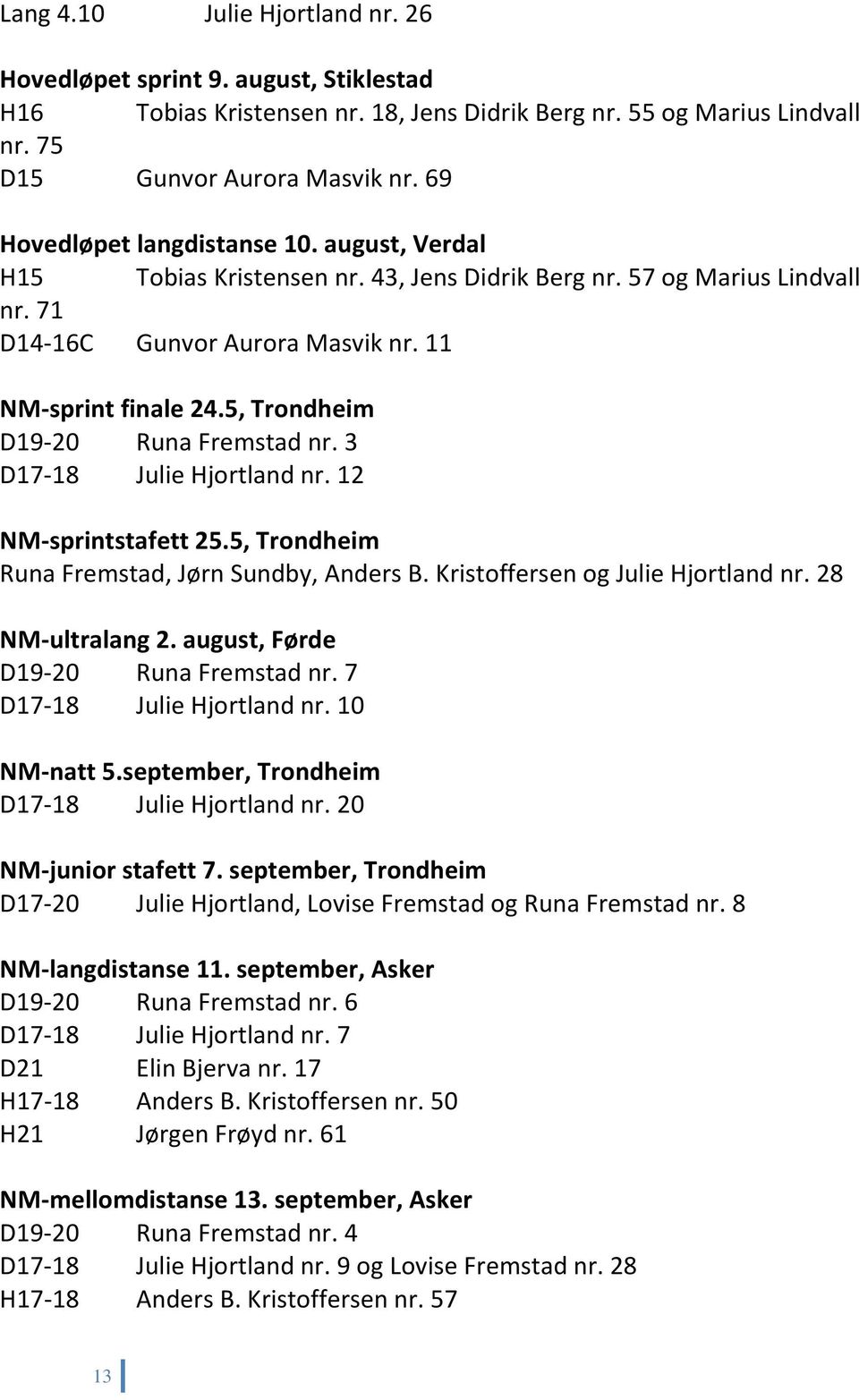 5, Trondheim D19-20 Runa Fremstad nr. 3 D17-18 Julie Hjortland nr. 12 NM-sprintstafett 25.5, Trondheim Runa Fremstad, Jørn Sundby, Anders B. Kristoffersen og Julie Hjortland nr. 28 NM-ultralang 2.