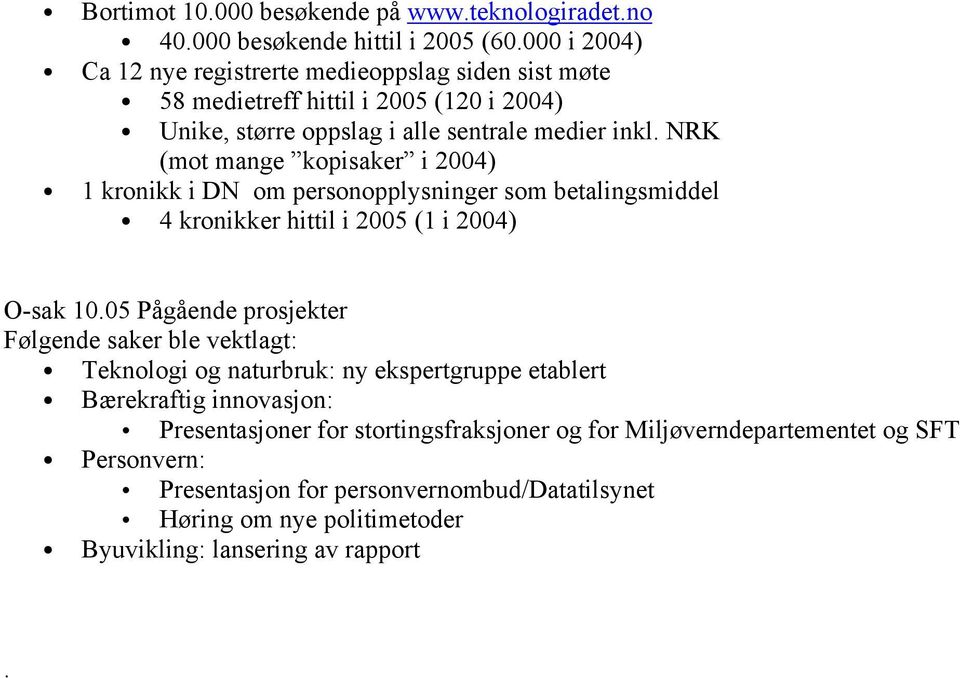 NRK (mot mange kopisaker i 2004) 1 kronikk i DN om personopplysninger som betalingsmiddel 4 kronikker hittil i 2005 (1 i 2004) O-sak 10.