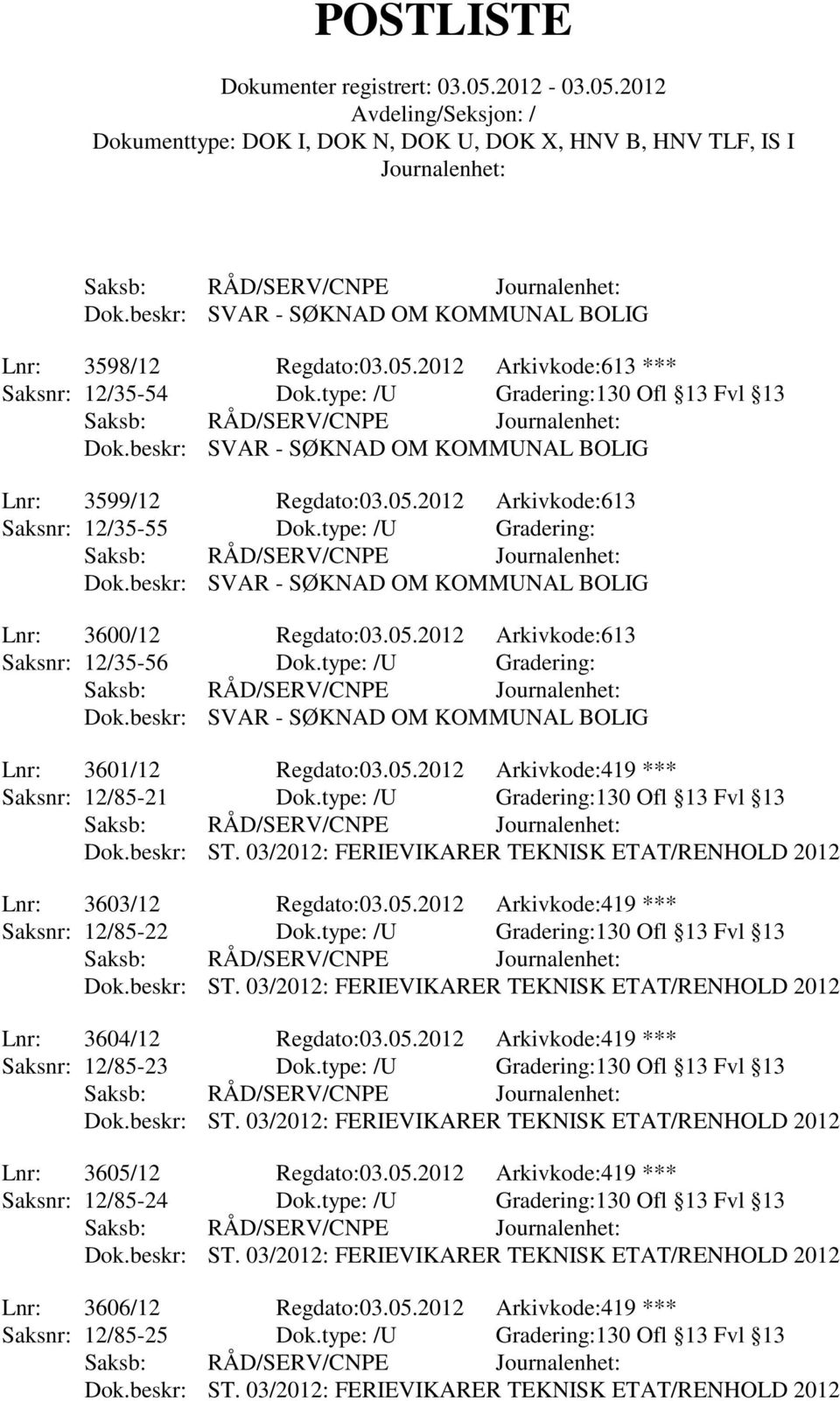 type: /U Gradering:130 Ofl 13 Fvl 13 Lnr: 3603/12 Regdato:03.05.2012 Arkivkode:419 *** Saksnr: 12/85-22 Dok.type: /U Gradering:130 Ofl 13 Fvl 13 Lnr: 3604/12 Regdato:03.05.2012 Arkivkode:419 *** Saksnr: 12/85-23 Dok.
