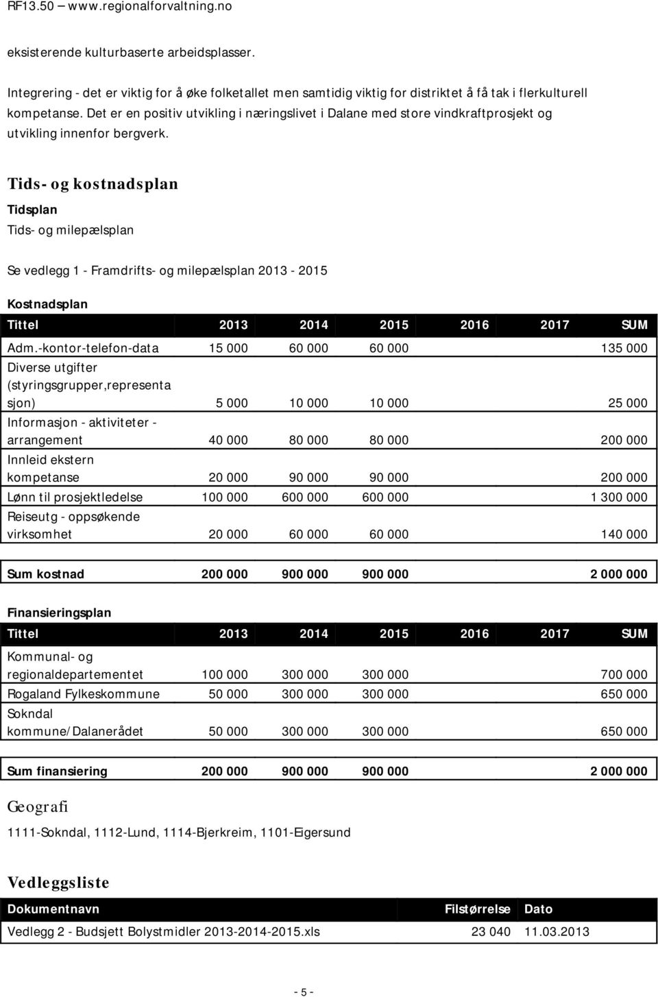 Tids- og kostnadsplan Tidsplan Tids- og milepælsplan Se vedlegg 1 - Framdrifts- og milepælsplan 2013-2015 Kostnadsplan Tittel 2013 2014 2015 2016 2017 SUM Adm.