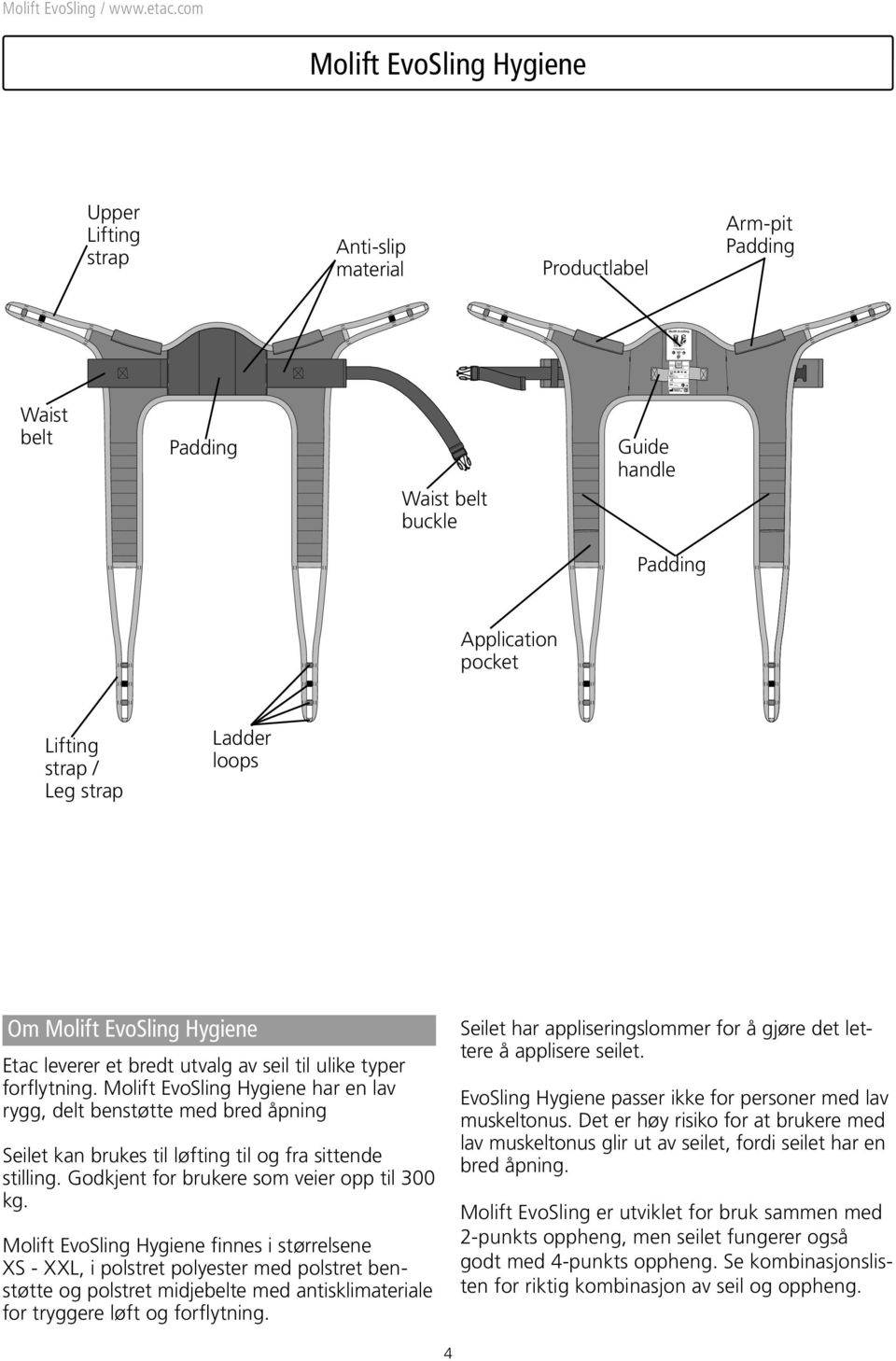 com Molift EvoSling Hygiene Upper Lifting strap Anti-slip material Productlabel Arm-pit Padding Molift EvoSling M Waist belt Padding Waist belt buckle Guide handle Padding Application pocket Lifting