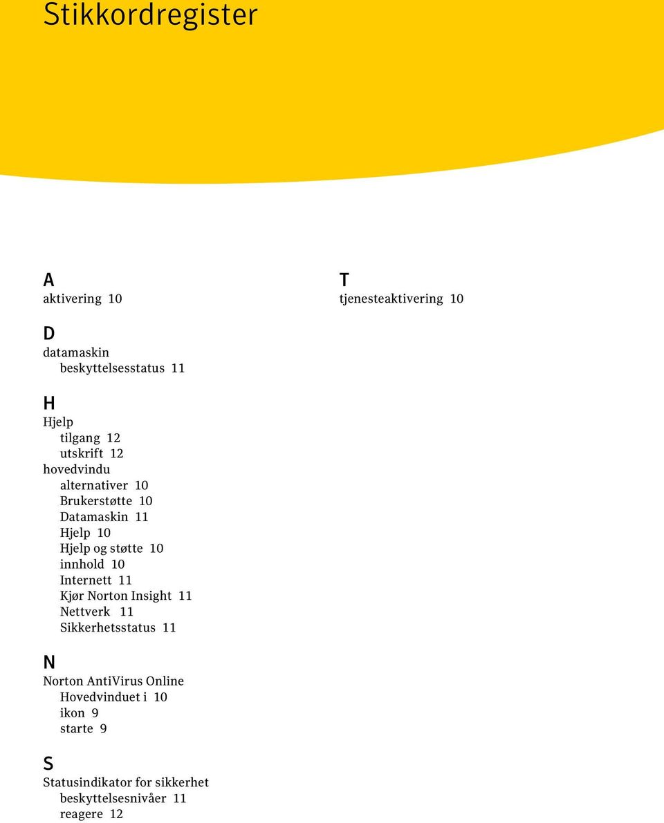 støtte 10 innhold 10 Internett 11 Kjør Norton Insight 11 Nettverk 11 Sikkerhetsstatus 11 N Norton