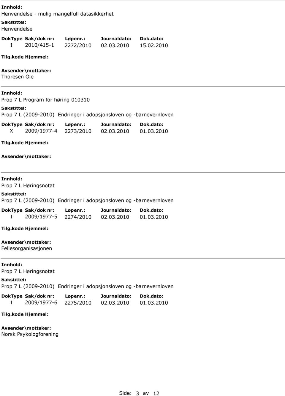 2009/1977-4 2273/2010 Prop 7 L Høringsnotat Prop 7 L (2009-2010) Endringer i adopsjonsloven og barnevernloven 2009/1977-5