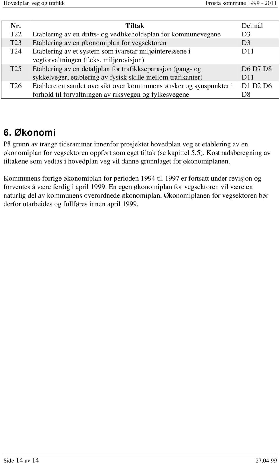 miljørevisjon) T25 Etablering av en detaljplan for trafikkseparasjon (gang- og D6 D7 D8 T26 sykkelveger, etablering av fysisk skille mellom trafikanter) Etablere en samlet oversikt over kommunens