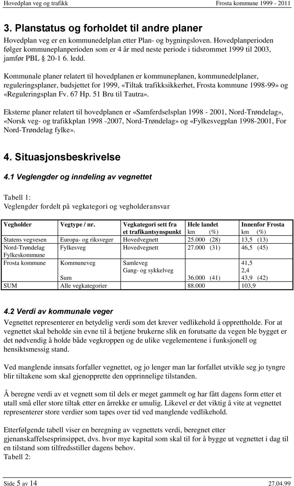 Kommunale planer relatert til hovedplanen er kommuneplanen, kommunedelplaner, reguleringsplaner, budsjettet for 1999, «Tiltak trafikksikkerhet, Frosta kommune 1998-99» og «Reguleringsplan Fv. 67 Hp.