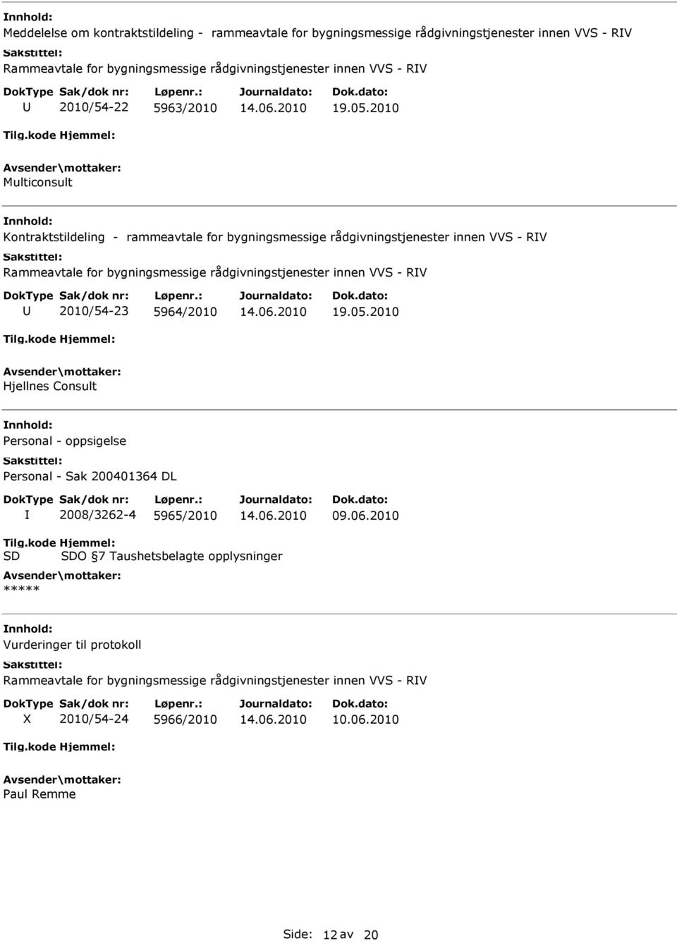 2010 Multiconsult Kontraktstildeling - rammeavtale for bygningsmessige rådgivningstjenester innen VVS - RV Rammeavtale for bygningsmessige rådgivningstjenester innen VVS - RV