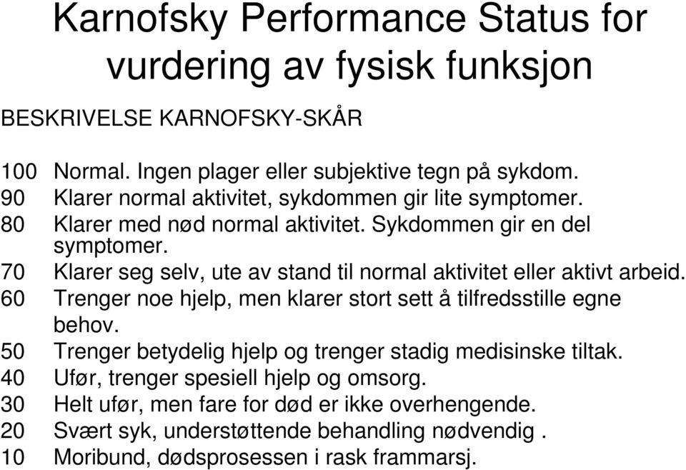 70 Klarer seg selv, ute av stand til normal aktivitet eller aktivt arbeid. 60 Trenger noe hjelp, men klarer stort sett å tilfredsstille egne behov.