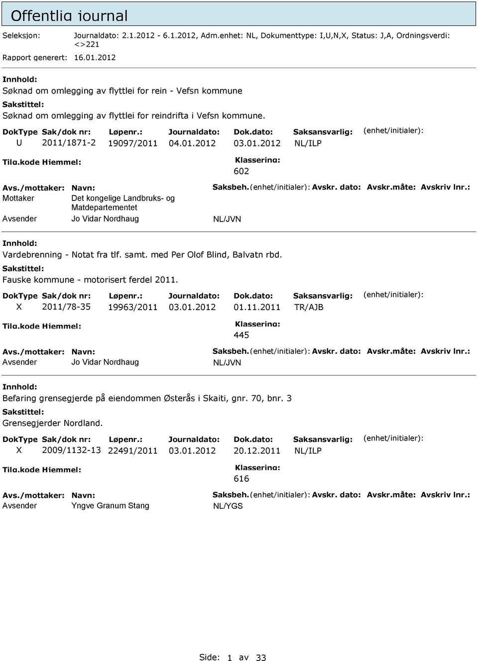 : Mottaker Det kongelige Landbruks- og Matdepartementet Avsender Jo Vidar Nordhaug NL/JVN nnhold: Vardebrenning - Notat fra tlf. samt. med Per Olof Blind, Balvatn rbd.