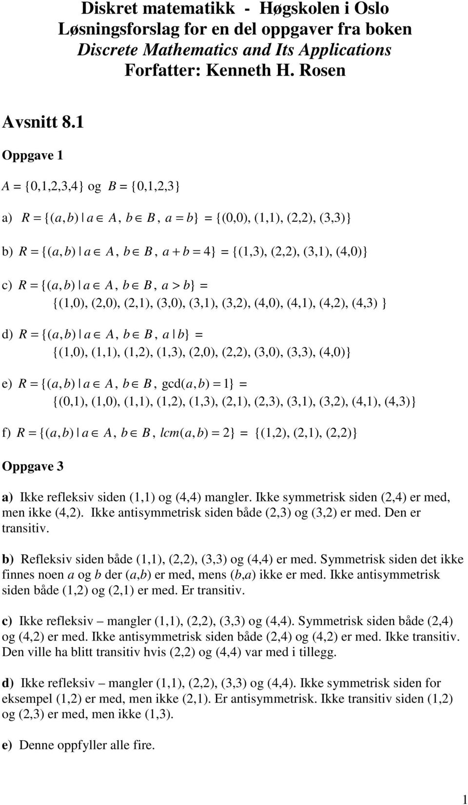 a b} {(,), (,), (,), (,), (,), (,), (,), (,), (4,)} e) {( a, b B, gcd( a, } {(,), (,), (,), (,), (,), (,), (,), (,), (,), (4,), (4,)} f) {( a, b B, lcm( a, } {(,), (,), (,)} Oppgave a) Ikke refleksiv