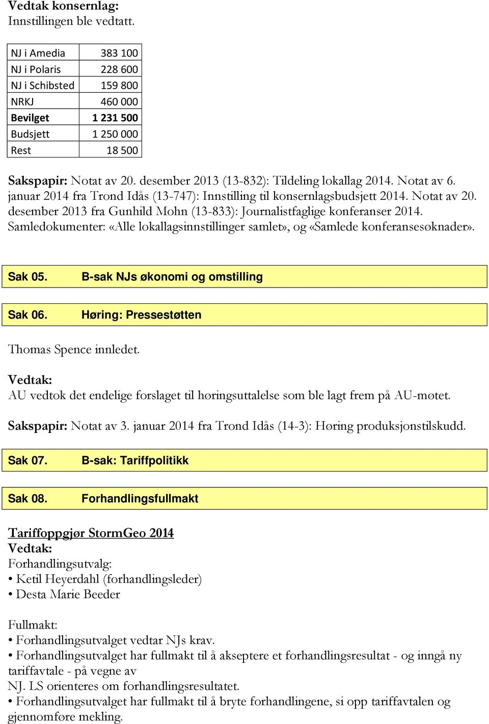 desember 2013 fra Gunhild Mohn (13-833): Journalistfaglige konferanser 2014. Samledokumenter: «Alle lokallagsinnstillinger samlet», og «Samlede konferansesøknader». Sak 05.