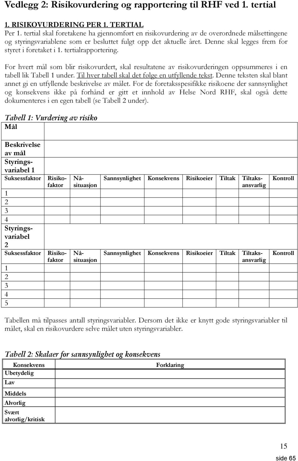 Denne skal legges frem for styret i foretaket i 1. tertialrapportering. For hvert mål som blir risikovurdert, skal resultatene av risikovurderingen oppsummeres i en tabell lik Tabell 1 under.