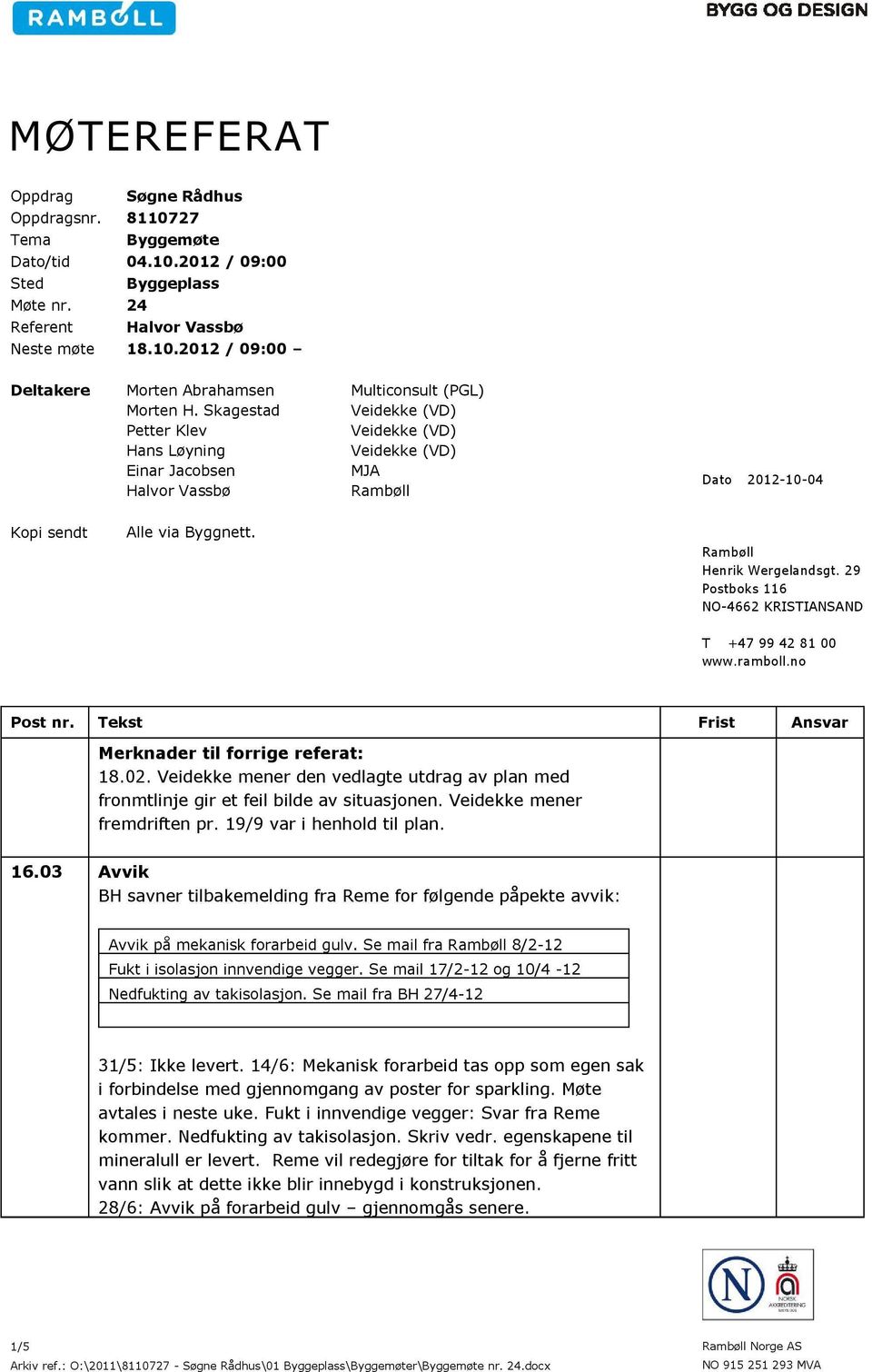 29 Postboks 116 NO-4662 KRISTIANSAND T +47 99 42 81 00 www.ramboll.no Post nr. Tekst Frist Ansvar Merknader til forrige referat: 18.02.