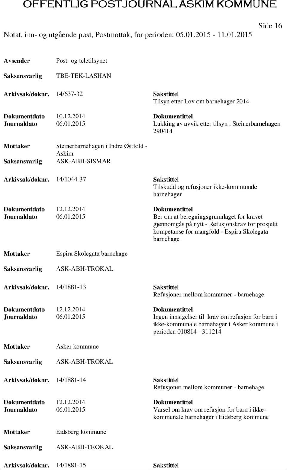 14/1044-37 Sakstittel Tilskudd og refusjoner ikke-kommunale barnehager Dokumentdato 12.12.2014