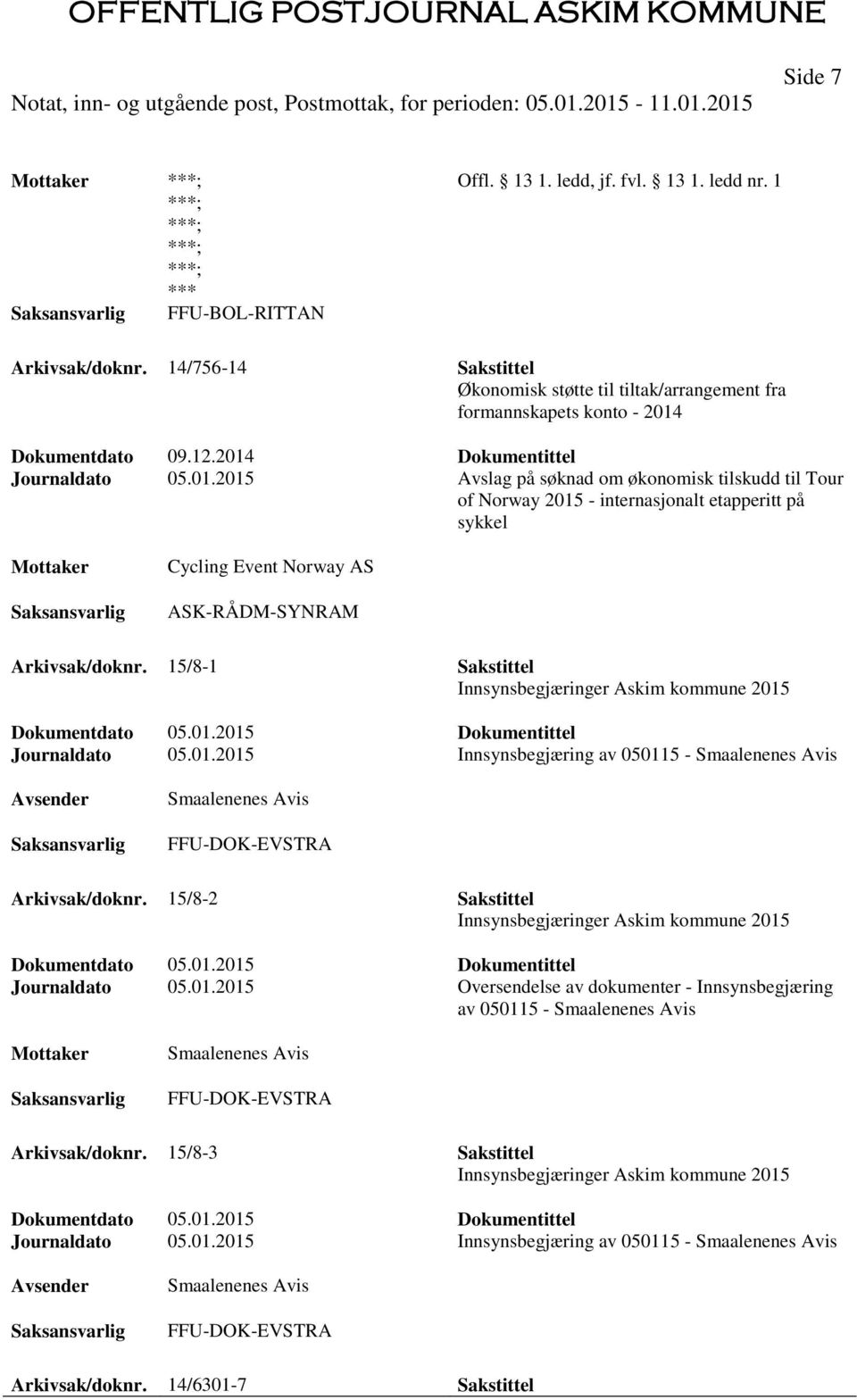 Dokumentdato 09.12.2014 Dokumentittel Journaldato 05.01.2015 Avslag på søknad om økonomisk tilskudd til Tour of Norway 2015 - internasjonalt etapperitt på sykkel Cycling Event Norway AS ASK-RÅDM-SYNRAM Arkivsak/doknr.