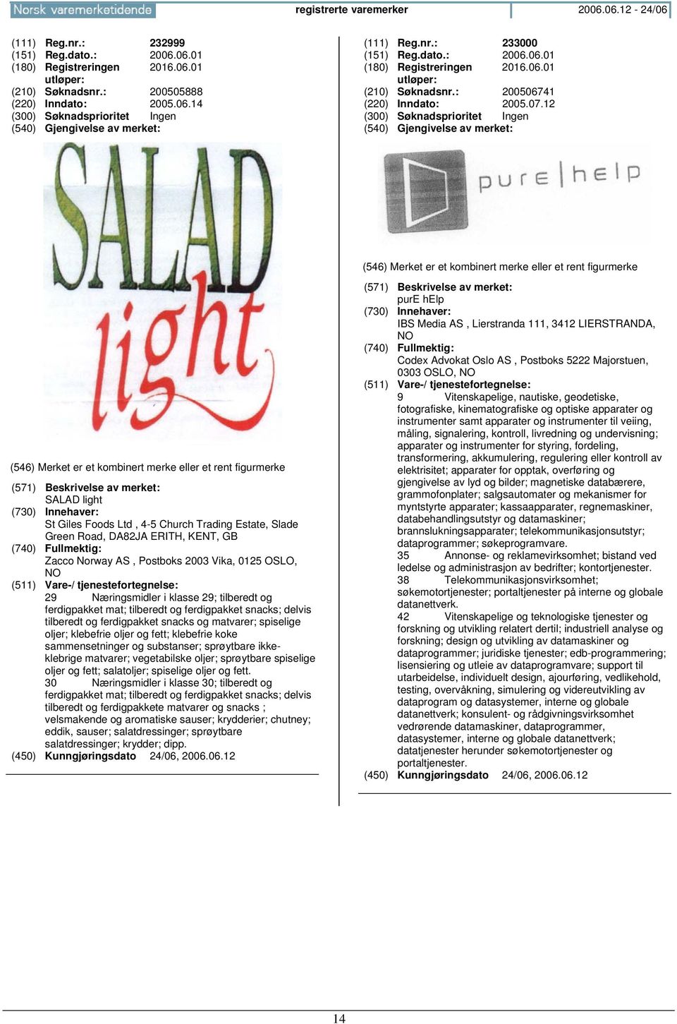 12 SALAD light St Giles Foods Ltd, 4-5 Church Trading Estate, Slade Green Road, DA82JA ERITH, KENT, GB Zacco Norway AS, Postboks 2003 Vika, 0125 OSLO, 29 Næringsmidler i klasse 29; tilberedt og