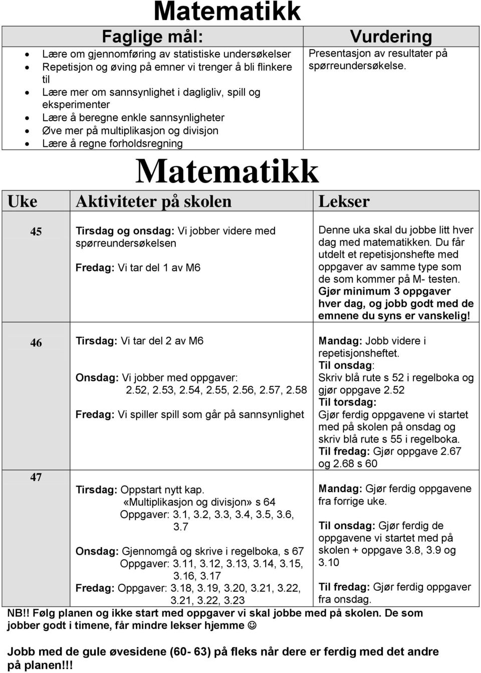 45 Tirsdag og onsdag: Vi jobber videre med spørreundersøkelsen Fredag: Vi tar del 1 av M6 Denne uka skal du jobbe litt hver dag med matematikken.