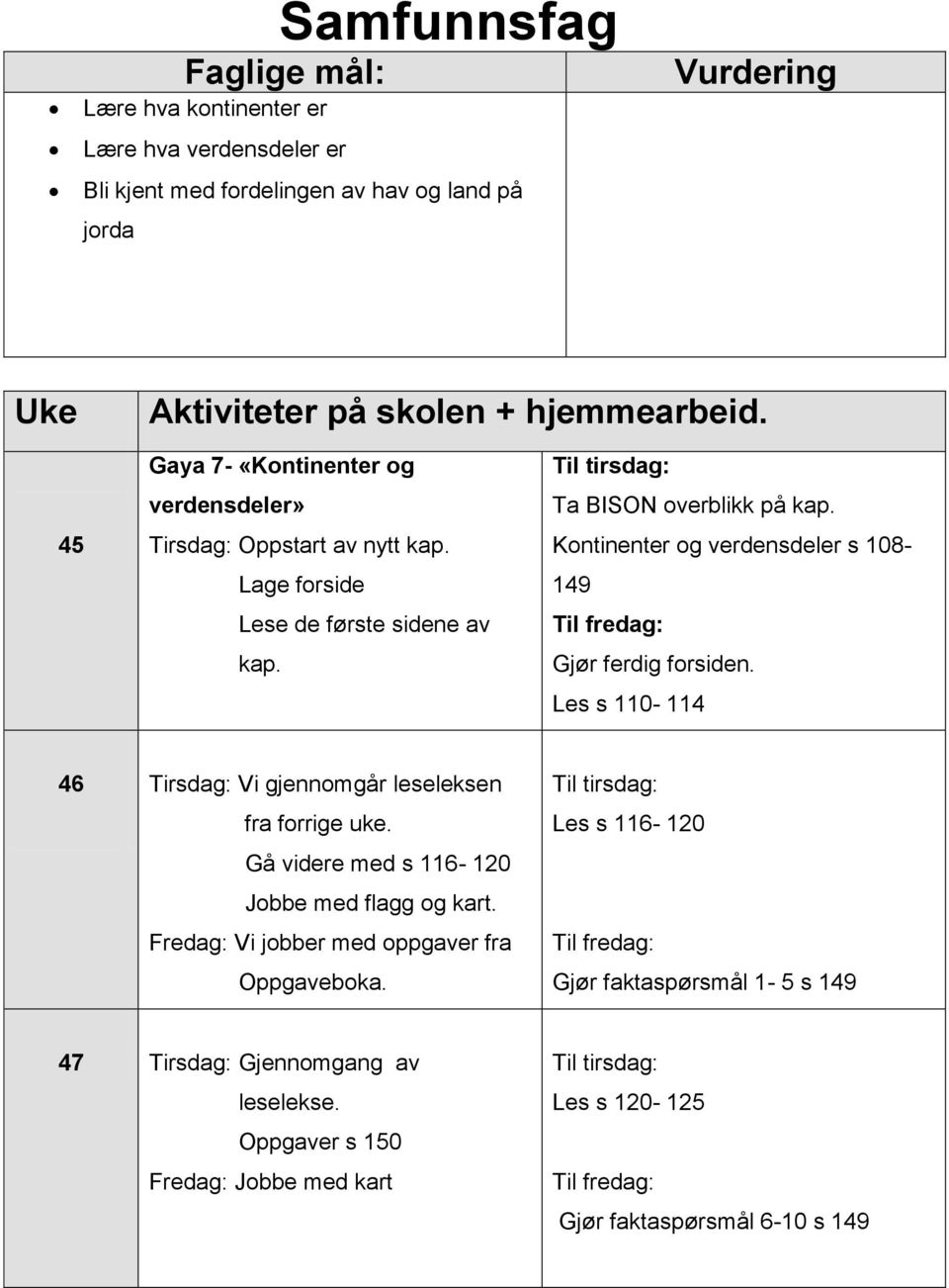 Kontinenter og verdensdeler s 108-149 Til fredag: Gjør ferdig forsiden. Les s 110-114 46 Tirsdag: Vi gjennomgår leseleksen fra forrige uke. Gå videre med s 116-120 Jobbe med flagg og kart.