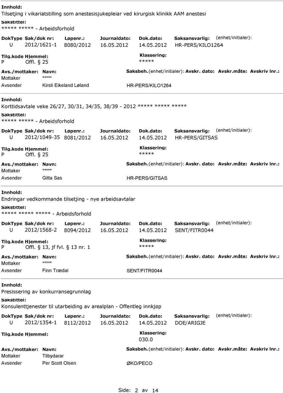 Offl. 25 ***** Gitta Sas HR-ERS/GTSAS Endringar vedkommande tilsetjing - nye arbeidsavtalar ***** ***** ***** - Arbeidsforhold 2012/1568-2 8094/2012 SENT/FTR0044 ***** Finn Trædal