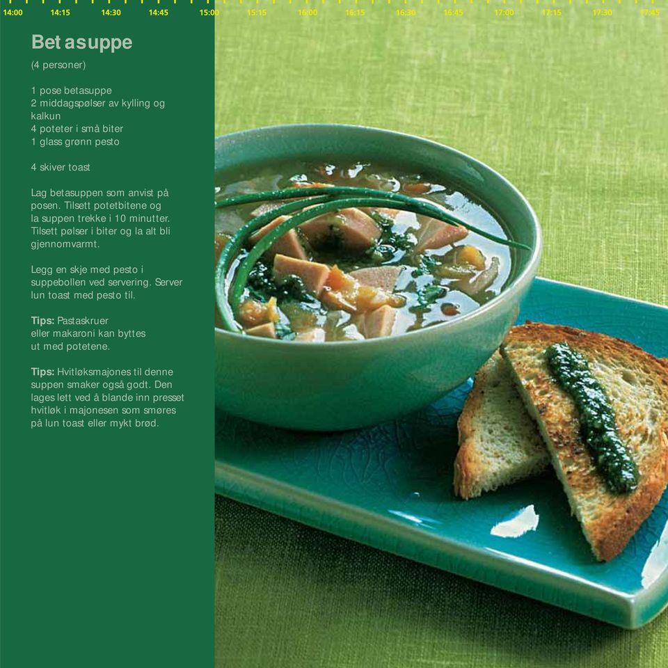 Legg en skje med pesto i suppebollen ved servering. Server lun toast med pesto til. Tips: Pastaskruer eller makaroni kan byttes ut med potetene.