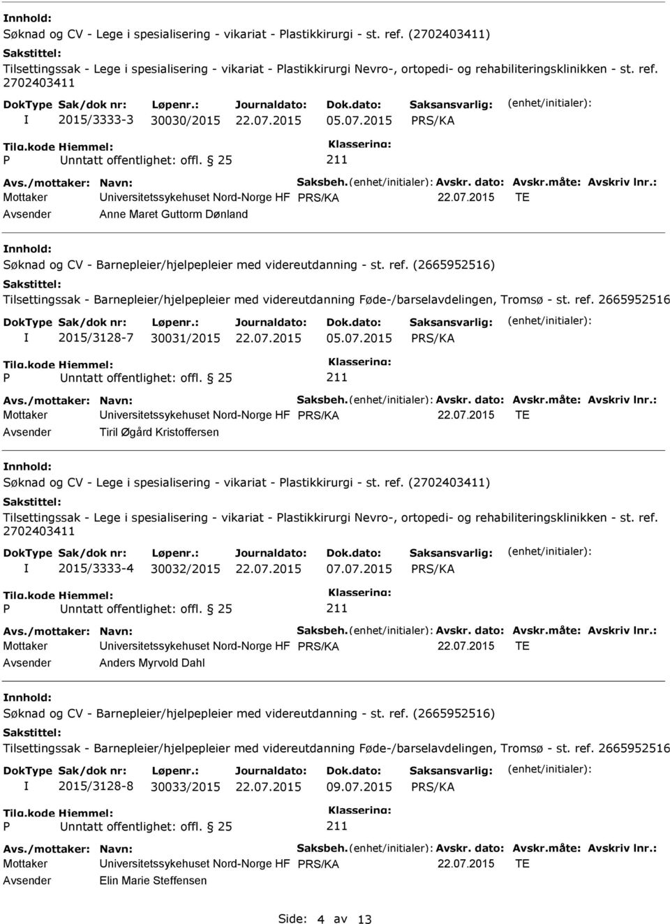 dato: Avskr.måte: Avskriv lnr.: Mottaker niversitetssykehuset Nord-Norge HF TE Anne Maret Guttorm Dønland nnhold: 2015/3128-7 30031/2015 05.07.2015 Avs./mottaker: Navn: Saksbeh. Avskr. dato: Avskr.