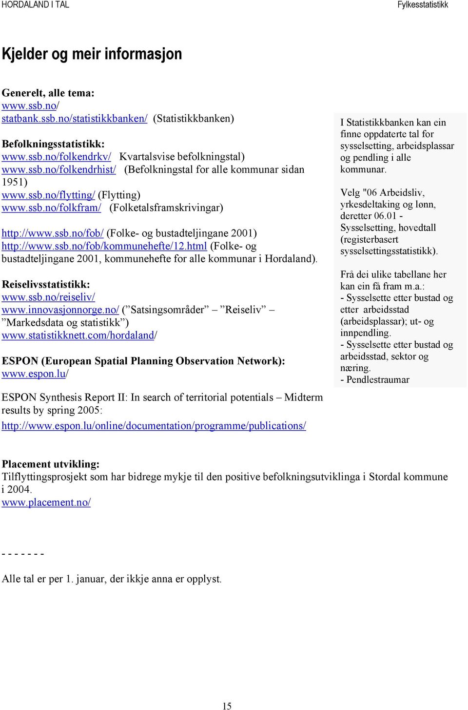 html (Folke- og bustadteljingane 2001, kommunehefte for alle kommunar i Hordaland). Reiselivsstatistikk: www.ssb.no/reiseliv/ www.innovasjonnorge.