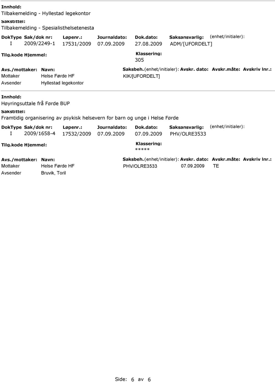 2009 ADM/[FORDELT] 305 KK/[FORDELT] Avsender Hyllestad legekontor nnhold: Høyringsuttale