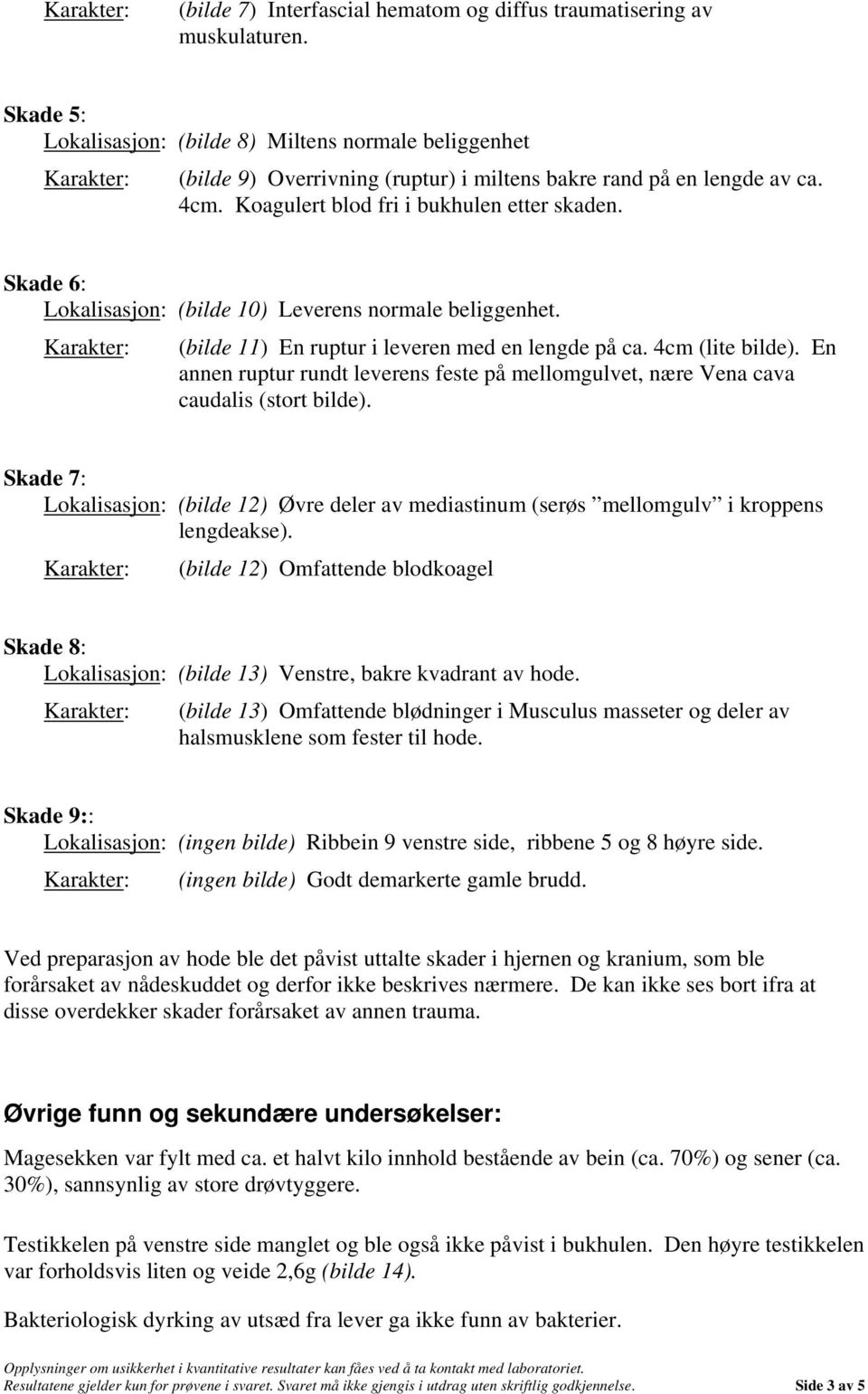 Skade 6: Lokalisasjon: (bilde 10) Leverens normale beliggenhet. Karakter: (bilde 11) En ruptur i leveren med en lengde på ca. 4cm (lite bilde).