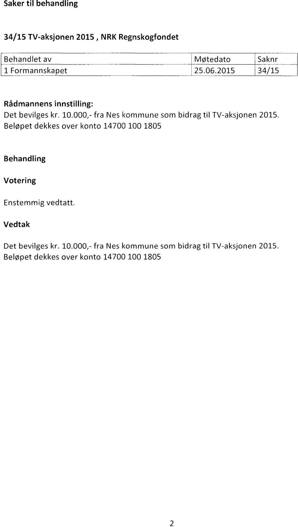 000,- fra Nes kommune som bidrag til TV-aksjonen 2015.