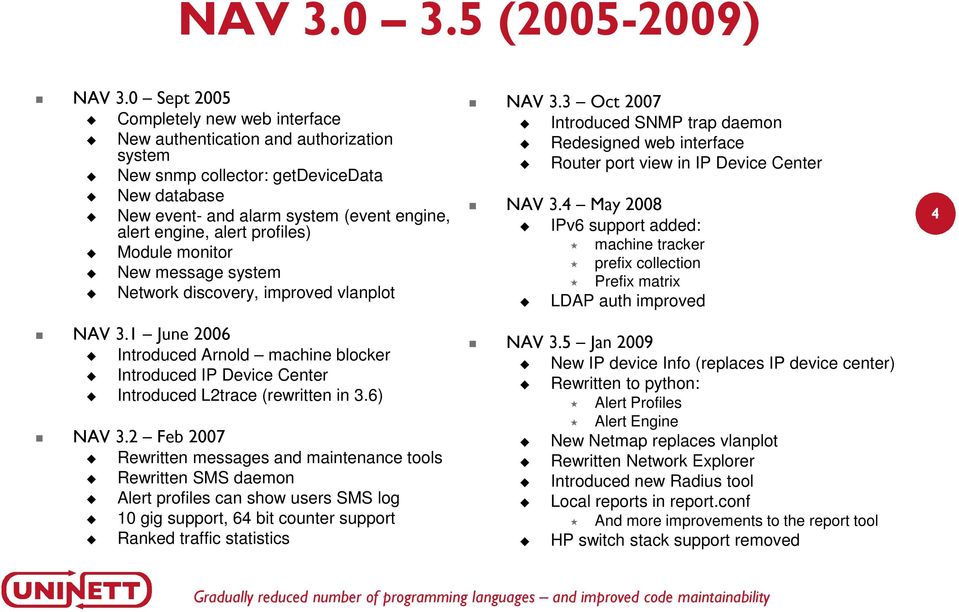 profiles) Module monitor New message system Network discovery, improved vlanplot NAV 3.1 June 2006 Introduced Arnold machine blocker Introduced IP Device Center Introduced L2trace (rewritten in 3.