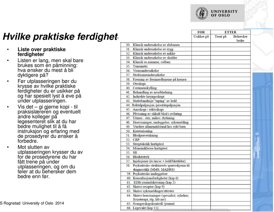 Før utplasseringen bør du krysse av hvilke praktiske ferdigheter du er usikker på og har spesielt lyst å øve på under utplasseringen.