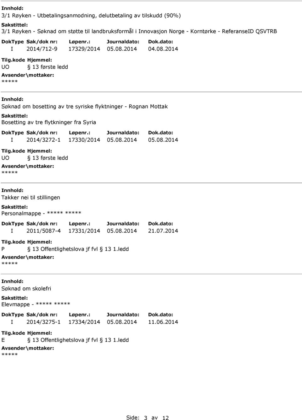 flytkninger fra Syria 2014/3272-1 17330/2014 nnhold: Takker nei til stillingen Personalmappe - 2011/5087-4 17331/2014 21.07.