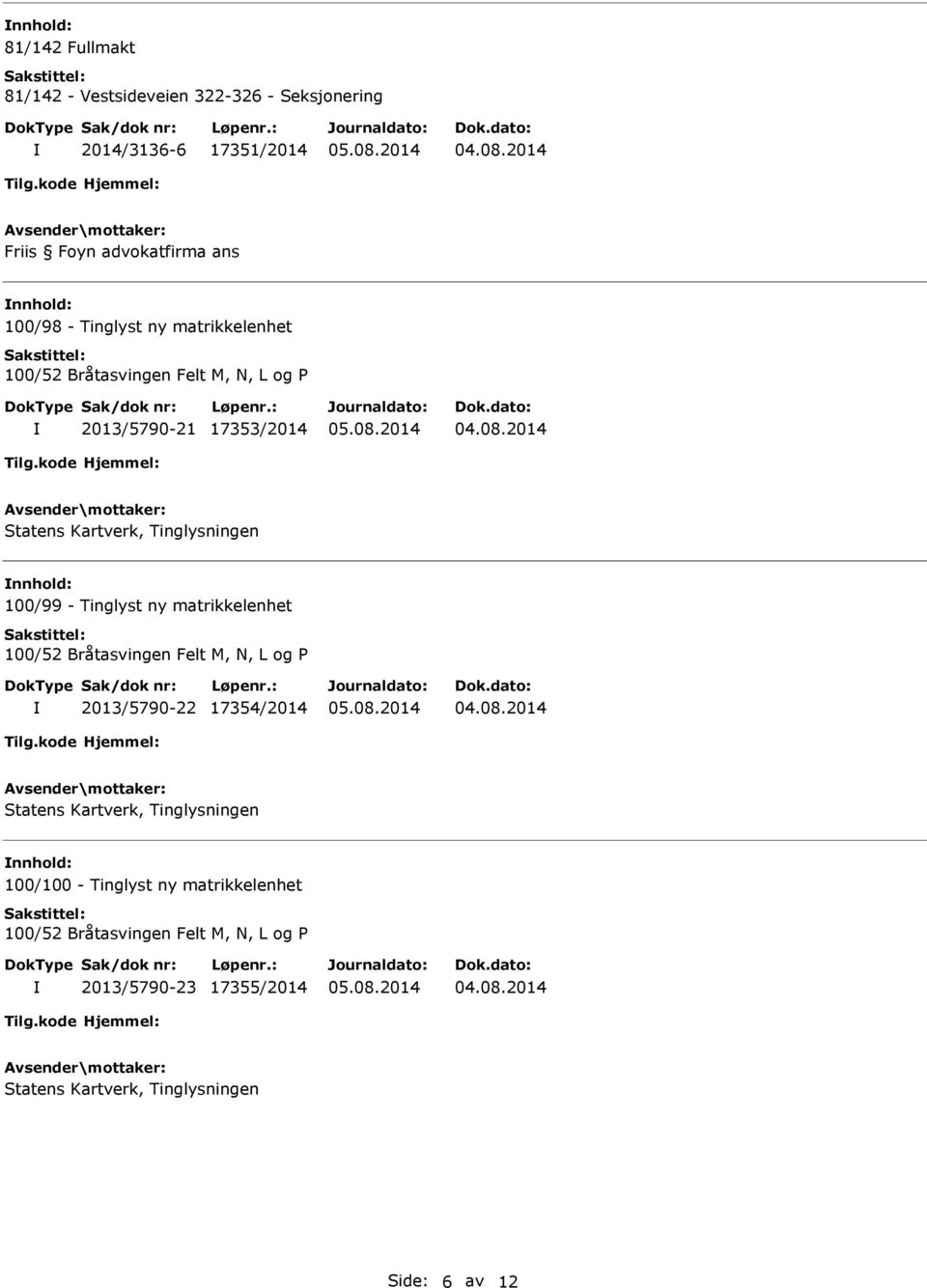 2013/5790-21 17353/2014 nnhold: 100/99 - Tinglyst ny matrikkelenhet 2013/5790-22