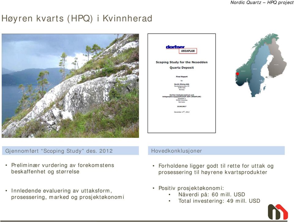 godt til rette for uttak og prosessering til høyrene kvartsprodukter Innledende evaluering av uttaksform,