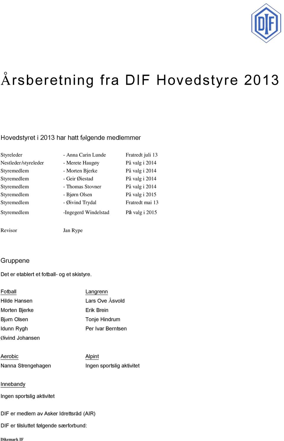 Styremedlem -Ingegerd Windelstad På valg i 2015 Revisor Jan Rype Gruppene Det er etablert et fotball- og et skistyre.