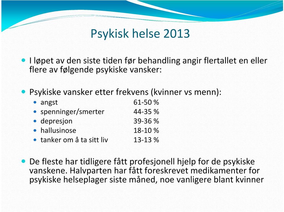 % hallusinose 18-10 % tanker omåtasittliv 13-13 % De fleste har tidligere fått profesjonell hjelp for de