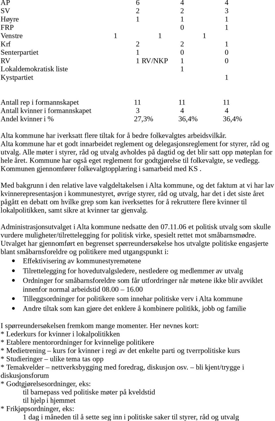 Alta kommune har et godt innarbeidet reglement og delegasjonsreglement for styrer, råd og utvalg. Alle møter i styrer, råd og utvalg avholdes på dagtid og det blir satt opp møteplan for hele året.