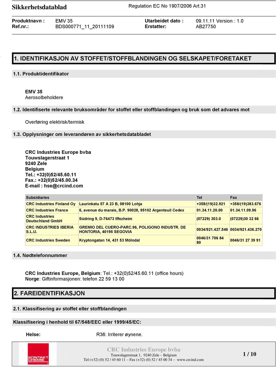 Opplysninger om leverandøren av sikkerhetsdatabladet Touwslagerstraat 1 9240 Zele Belgium Tel.: +32(0)52/45.60.11 Fax.: +32(0)52/45.00.34 E-mail : hse@crcind.