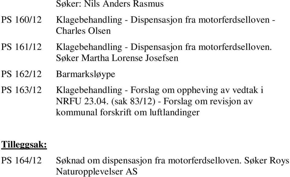 Søker Martha Lorense Josefsen Barmarksløype Klagebehandling - Forslag om oppheving av vedtak i NRFU 23.04.