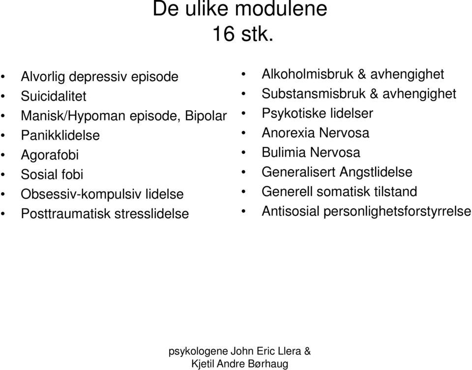 Sosial fobi Obsessiv-kompulsiv lidelse Posttraumatisk stresslidelse Alkoholmisbruk & avhengighet